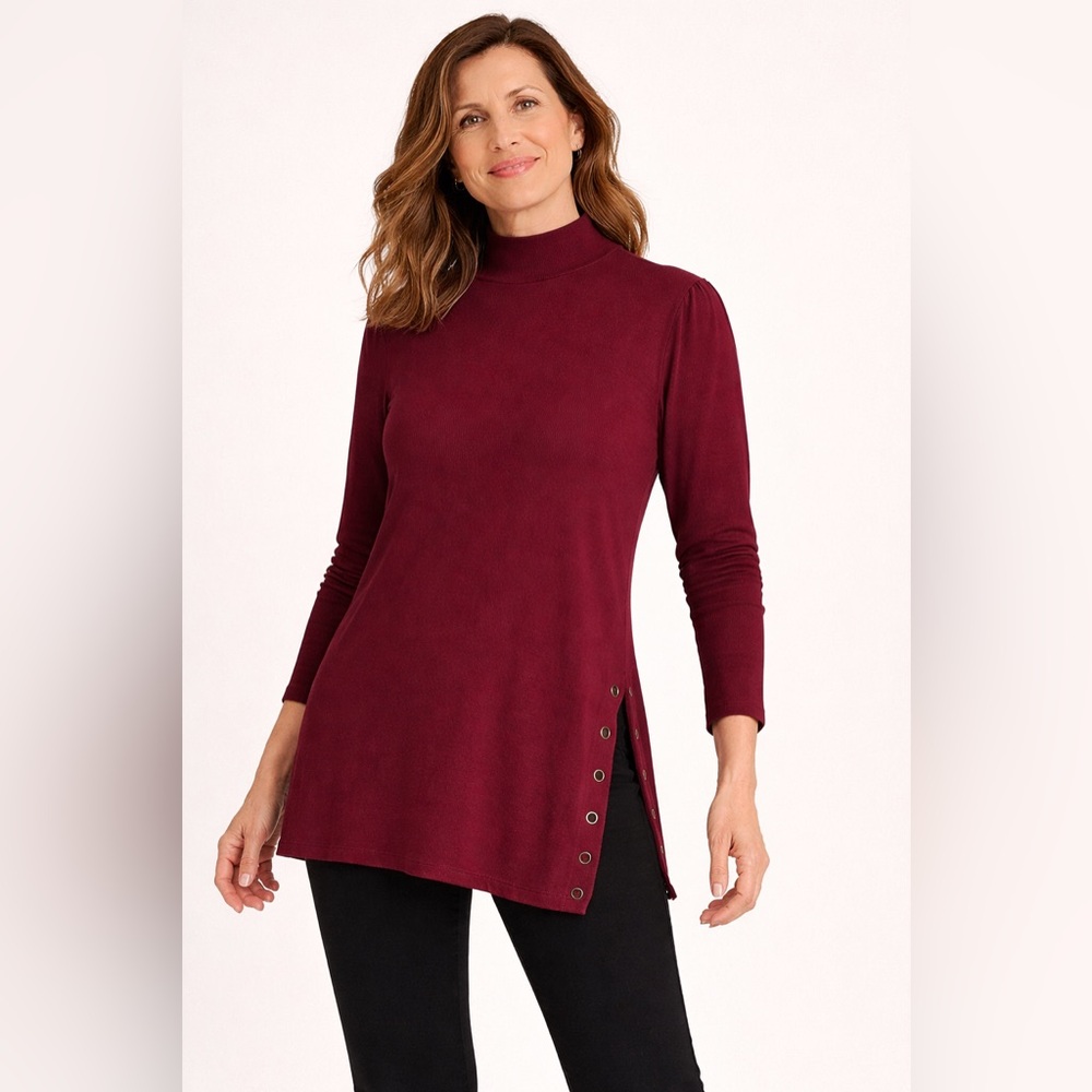 Absolutely Famous Wine Mock Neck Side-Snap Tunic